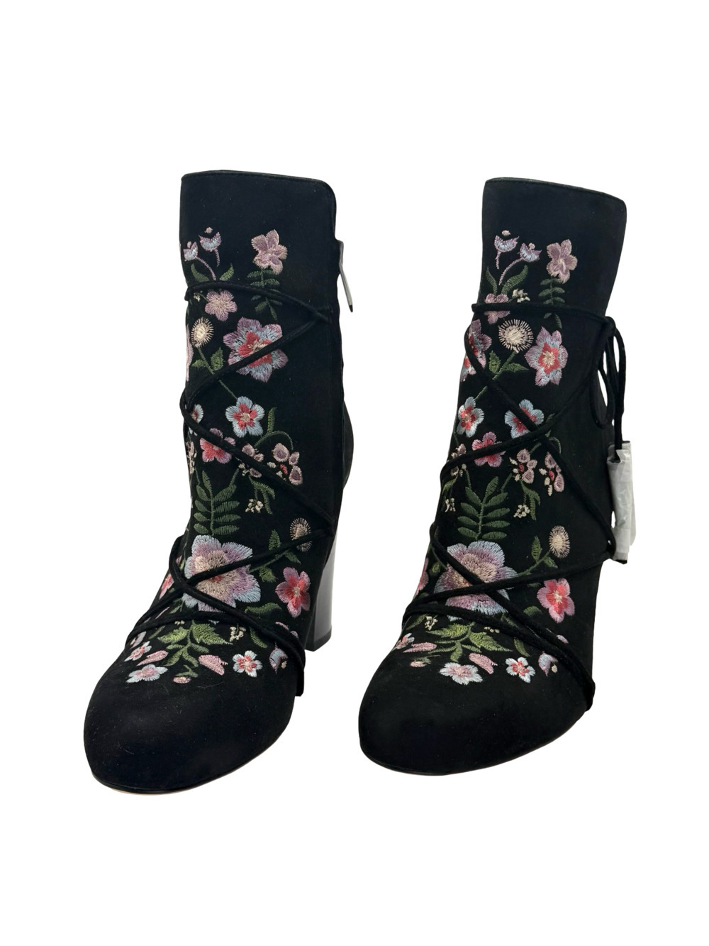 Sam Edelman Floral Embroidered Suede Lace-Up Block Heel Ankle Boots - Picture 5 of 8